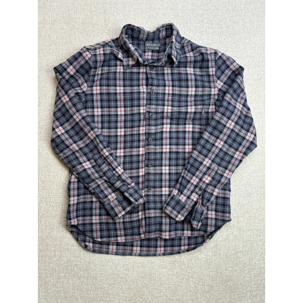 Eddie Bauer Mens Grey Red Plaid Flannel Button Down Shirt EM31LW202 Size M